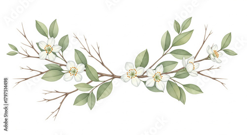 Watercolor floral arrangement with white flowers and green leaves elegant botanical illustration for wedding invitations cards and spring designs