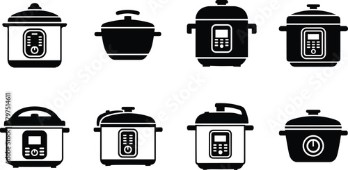Electric pressure cooker icons, kitchen appliance silhouettes, multi-cooker designs, black and white, cooking equipment set, cad drawing flat vector illustration
