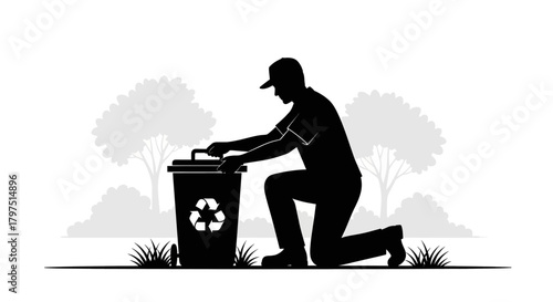 Dedicated worker in silhouette carefully tending to a recycling bin amidst lush greenery and stylized trees