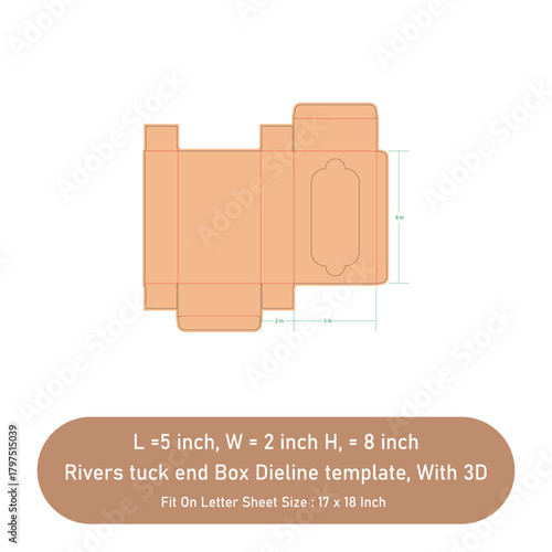 Rivers tuck end display box dieline template, With 3D Box, Vector File