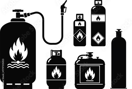 Flammable gas container icons, safety symbols, fuel tanks, hazard labels, black silhouette set, cad drawing flat vector illustration