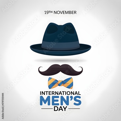International Men's Day Minimalist Poster Design: Hat, Moustache & Bow Tie Vector Illustration for November 19th