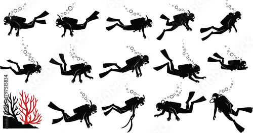 Scuba diver silhouettes underwater, swimming poses, diving gear, coral reef, bubbles, marine exploration, cad drawing flat vector illustration