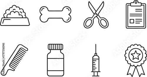 Pet Care Veterinary and Grooming Outline Icon Set Vector