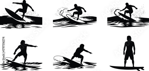 Surfer silhouette vector set, wave riding, surfboard poses, beach sport action, black and white flat design, cad drawing illustration