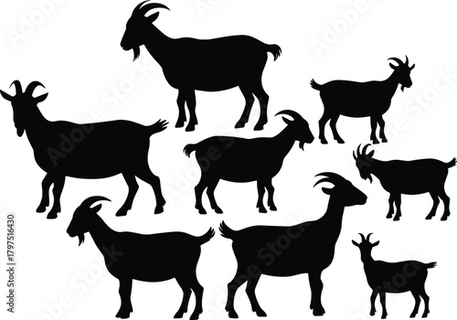 Goat silhouette, farm animal icons, black livestock graphic, horned goat design, nature symbol, beard detail, rural theme, domestic illustration