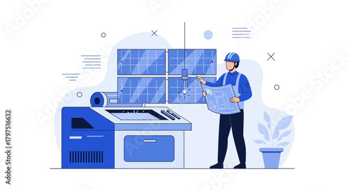 Innovative solar panel production process overseen by technician with blueprint analysis station