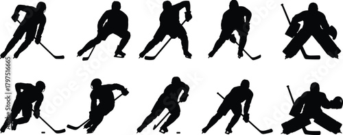 Hockey player silhouette, ice hockey action, black sports icon, skating pose design, goalie graphic, team sport illustration, puck control artwork