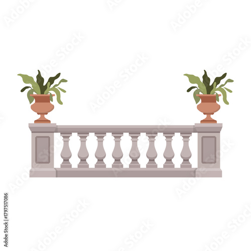 Classic balustrade with vases and plants in flat style isolated on white background. Vector stock