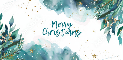 Watercolor design of beautiful Christmas card, lovely watercolor vector background, words Merry Christmas elegantly written, spirit of the festive season. Exquisite Christmas card 
