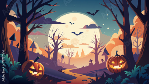 Halloween night scene with pumpkins and bats flying
