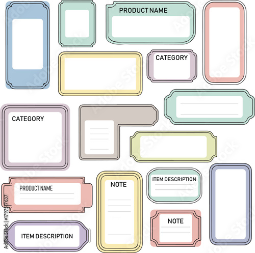 A collection of various blank pastel-colored labels and tags with different shapes and borders, suitable for organization or product identification.