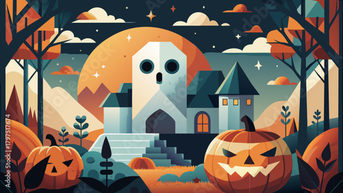 Halloween scene with haunted house and jack o lanterns