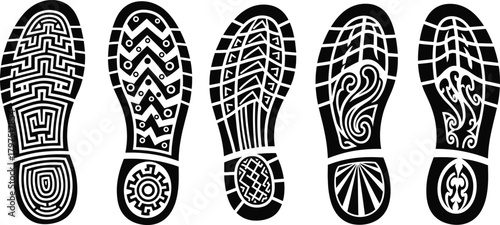 Black Shoe Sole Tread Print Set Vector Silhouette