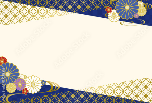 和柄と菊の花の背景フレームイラスト　青　金