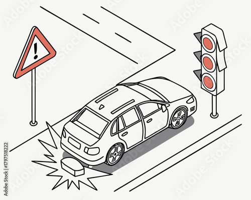 Illustration of a car accident at an intersection with traffic lights and warning sign