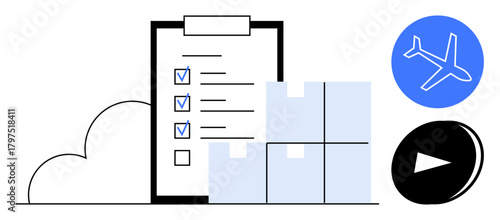 Checklist clipboard with ticked items, shipment boxes, cloud, and airplane and play icons. Ideal for logistics, supply chain, planning, delivery ecommerce transportation organization. Simple flat