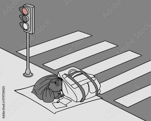 Illustration of luggage left at a crosswalk with a red traffic light