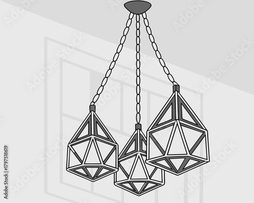 Three diamondshaped pendant lights hanging from the ceiling