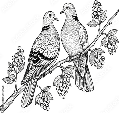 PrintVintage Engraving Doves Bird Couple on Berry Branch Vector, Detailed Black and White Lovebird Illustration