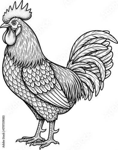 Vintage Engraving Detailed Rooster Vector Illustration, Hand Drawn Farm Cock Black and White Sketch