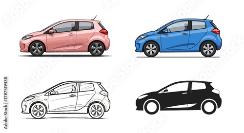 Four different colored and styled compact hatchback cars shown from a side profile, ideal for automotive design concepts and visual presentations