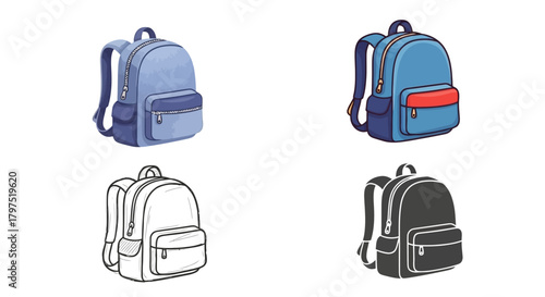 Collection of school backpacks illustrations in different styles for education and design