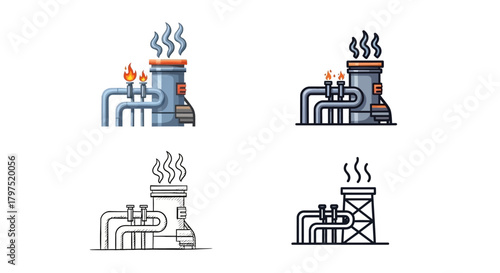 Vector icon set depicting industrial power plants or factories with smoking chimneys. Represents energy production, manufacturing, and key infrastructure in diverse styles