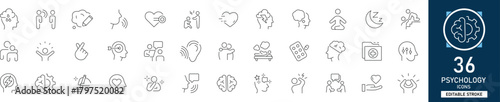 Psychology line icon set with 36 outline icons showing brain, mind, therapy, mental health, emotions, behavior, and cognition. Clean linear vector illustration with editable stroke, ideal for medical,