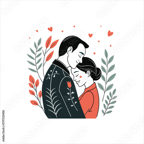Romantic Couple Embracing – Love Illustration with Hearts and Floral Elements