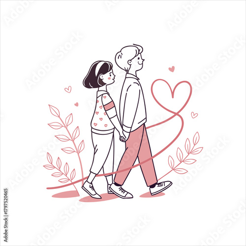 Romantic Couple Walking Hand in Hand – Cute Love Illustration with Heart and Floral Elements