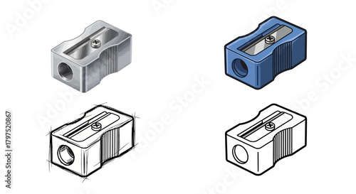 Set of four isometric illustrations of pencil sharpeners in different styles and colors, depicting educational or office supplies