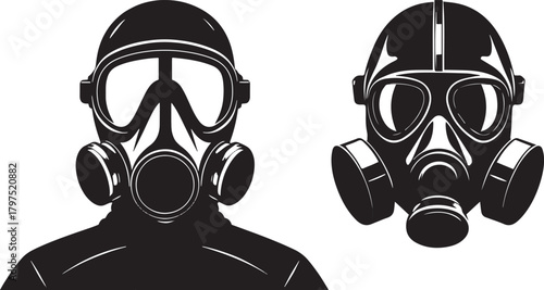 Gas mask illustrations with respirator filters, protective helmet and hazard safety gear in black vector
