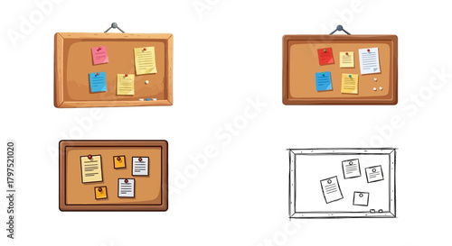 Vector Illustration of Bulletin Board with Notes and Push Pins for Organization and Reminders