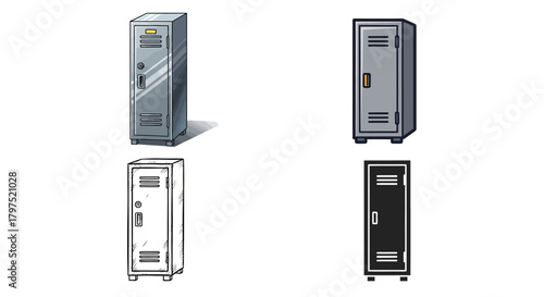 Vector illustration set of school or gym lockers, showcasing multiple design variations including colored, monochrome, and line art for security and storage concepts