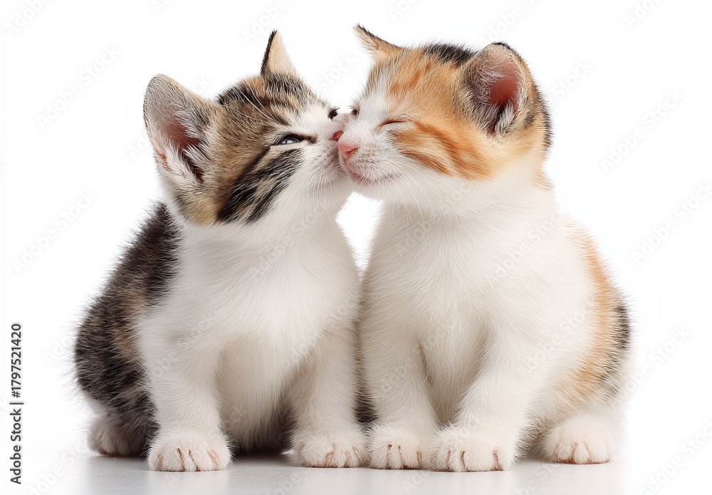 Obraz premium Two adorable kittens sharing a sweet kiss on a white background