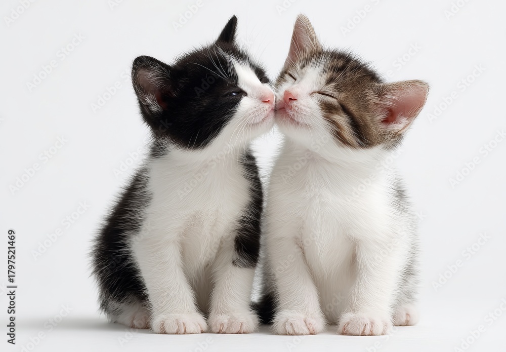 Fototapeta premium Two cute kittens one black and white kissing a tabby kitten