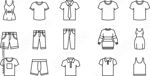 Casual Clothing and Fashion Garment Outline Icon Set Vector