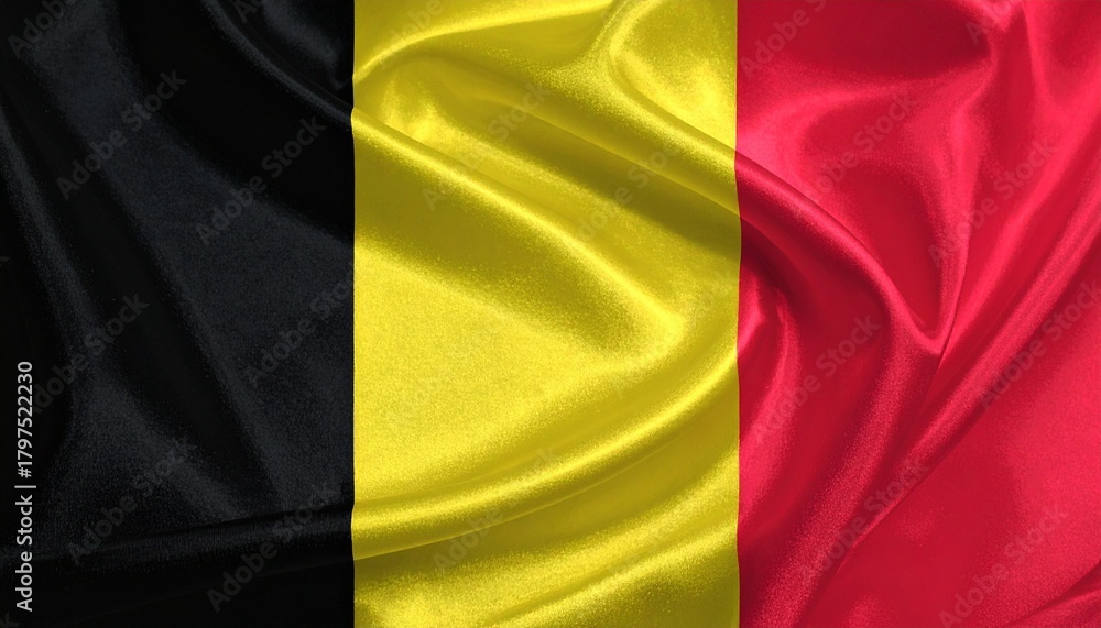Fototapeta premium Belgian national flag with black, yellow, and red vertical stripes on glossy folded fabric