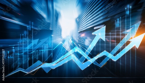 dynamic business strategy arrows and charts in motion blur on dark corporate backdrop