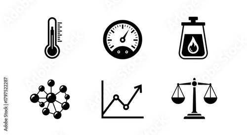 Science and business icons offer a modern, simple look for data analytics, growth, and scales of justice in a clean, professional design