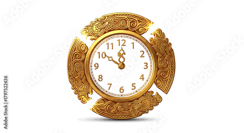 Ornate golden clock with intricate carvings, showcasing the time with elegant hands and numerals.