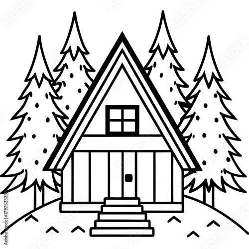 Aframe cabin nestled among evergreen trees