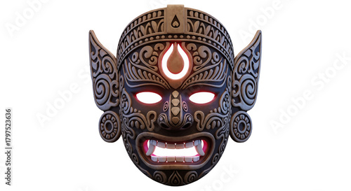 An ancient, intricately carved tribal mask with glowing red eyes and a fierce expression, set against a white background.