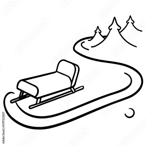 Illustration of a sled on a snowy path with trees