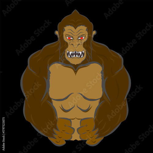 A muscular humanoid gorilla character standing in a strong pose, illustrated in bold vector style with fierce expression.