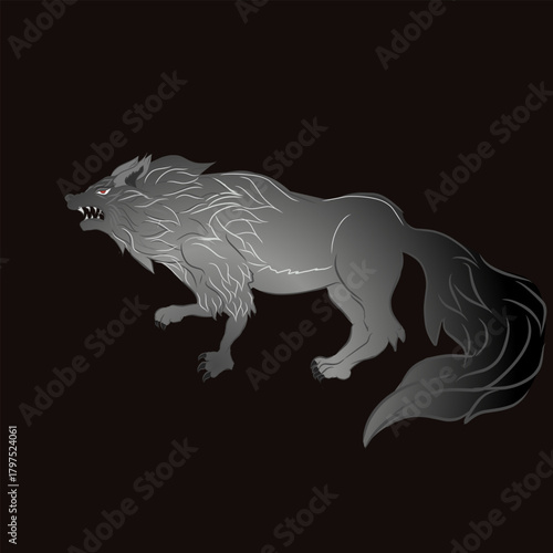 A fierce grey wolf illustrated in a dynamic pose on a dark background, showcasing detailed fur and a powerful wild expression.