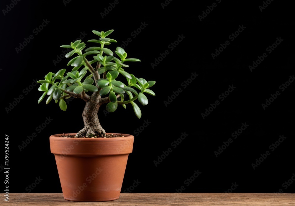 Fototapeta premium A small, carefully cultivated bonsai jade plant thriving in a rustic terracotta clay pot, showcasing thick succulent leaves and woody growth ,container ,thriving ,decoration