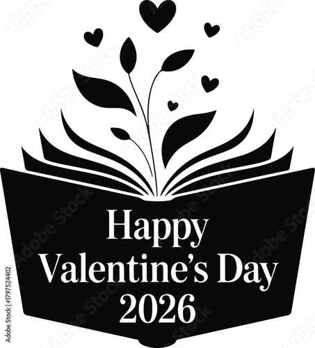 Vector open book with plant growing and hearts, text happy valentines day 2026