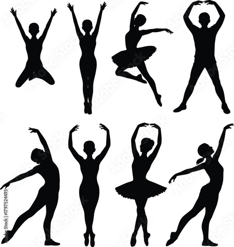 Ballet dancer silhouette, elegant pose collection, black motion icons, graceful movement design, classical dance artwork, physical expression, stage performance illustration